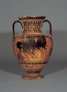 Attic sort-figur hals amfora forestiller Athena i en quadriga, 530-530 BC (ler) af Greek